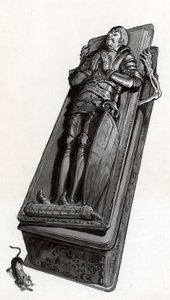 Begravelsesmonument med skelet, der kommer ud af English School