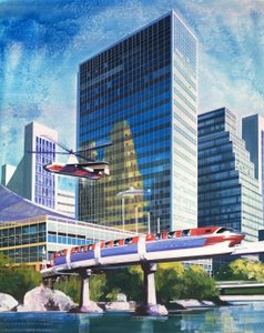 Futuristisk monorail og helikopter af English School