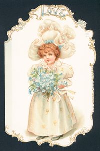 Pige, der holder bundt med blomster, julekort af English School