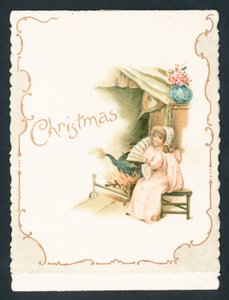 Pige sidder ved siden af ilden, julekort af English School