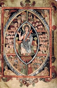 Galba A XVIII f.21r, Kristus i Majestæt, fra Athelstan Psalter, Old Minster, Winchester, 925-50 (vellum) af English School