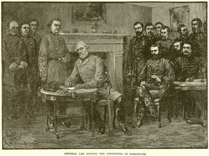 General Lee underskriver betingelserne for overgivelse af English School