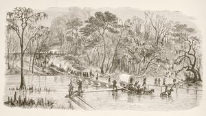 General Shermans tropper krydser Edisto-floden under March to the Sea (litho) af English School