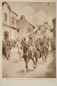 General Sir Pertab Singh leder Jodhpur Lancers gennem en fransk landsby, 1914-19 af English School