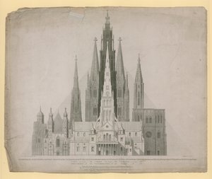 Geometriske forhøjninger af vestfronterne af katedraler i St. Pauls, London (før ilden) ... og Egyptens store pyramide i én skala af English School