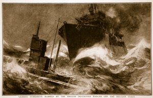 Tysk ubåd ramt af den britiske ødelæggergrævling ud for den belgiske kyst, 1914-19 af English School