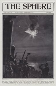 Tysk Zeppelin luftskib skudt ned i flammer ud for Norfolks kyst, Første Verdenskrig, 28. november 1916 (litho) af English School