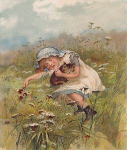 Pige og kat sover på en mark (chromolitho) af English School
