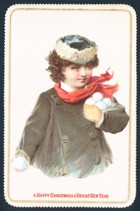 Pige samler snebolde, julekort af English School