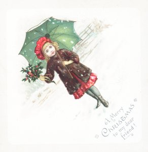 Pige holder paraply og kristtorn i sneen, julekort af English School