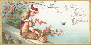 Mädchen sitzt auf Brücke, Weihnachtskarte