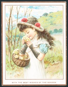 Pige dufter blomster fra kurv, julekort af English School