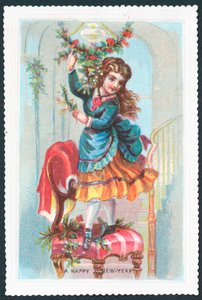 Pige stående på en stol, nytårskort af English School