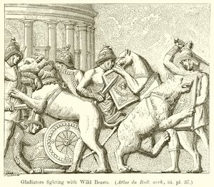 Gladiatorer, der kæmper med vilde dyr. (Atlas du Bull. arch., iii. pl. 37)