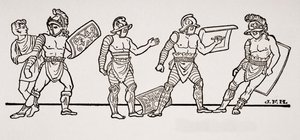 Gladiatorer, fra et vægmaleri i Pompeji, illustration fra The Outline of History af H.G. Wells, bind I, udgivet i 1820 af English School