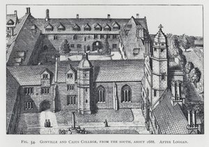 Gonville og Caius College, fra syd, omkring 1688, efter Loggan (gravering) af English School