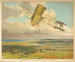 "Grahame-White i sit fly, der flyver til Blackpool." Små folks bog om luftskibe. London: Ernest Nister, [1912] af English School