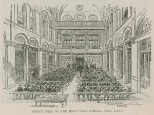 Große Halle der Jews Free School, Bell Lane, London von English School