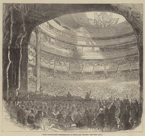 Stor protektionistisk demonstration i Drury-Lane Theatre (gravering) af English School