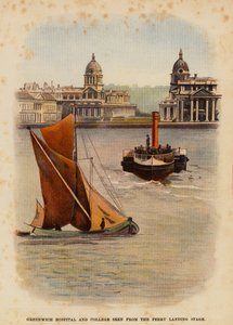 Greenwich Hospital og college set fra færgens anløbsbro (farvelitografi) af English School