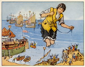 Gullivers rejser: Han erobrer flåden ved Blefuscu (farvelitografi) af English School