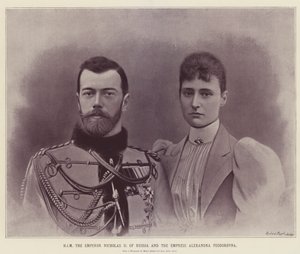 HIM kejser Nikolaj II af Rusland og kejserinde Alexandra Feodorovna (farvelitografi) af English School