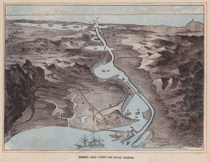 HM Indian Troop-Ship: Fugleperspektiv af Suezkanalen (koloreret stik) af English School