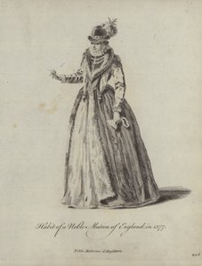 Kostüm einer englischen Edeldame im Jahr 1577 (Stich)