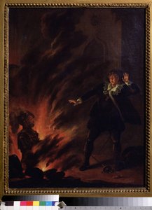 ""Hamlet vendt mod sin fars spøgelse"" (Hamlet and the Ghost of His Father) Illustration til skuespillet Hamlet af William Shakespeare (1564-1621) Maleri fra den engelske skole i begyndelsen af ​​det 19. århundrede Dim. 65x51 cm Pushkin Museum , Moskva af English School
