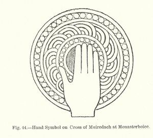Håndsymbol på korset af Muiredach ved Monasterboice (gravering) af English School