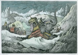Hannibal (247-c.183 f.Kr.) og hans krigselefanter krydser Alperne (senere farvelægning)