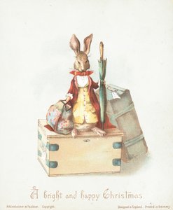 Hase mit Gepäck und Regenschirm, Weihnachtskarte von English School