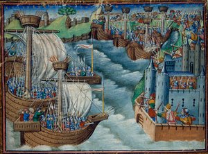 Harley 326, f.29v Christian flåde angriber havnen i Gaeta i Italien, som holdes af tyrkerne, fra The Three Kings