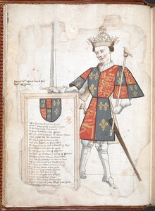 Harley 4205 f.7v En engelsk konge i rustning og tabard (Henry V) fra 