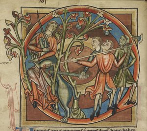 Harley 4751, f.6v Enhjørning lokket af en jomfru, illustration fra et 