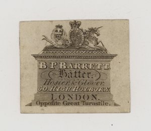 Hattemagere, B P Barrett, handelskort af English School