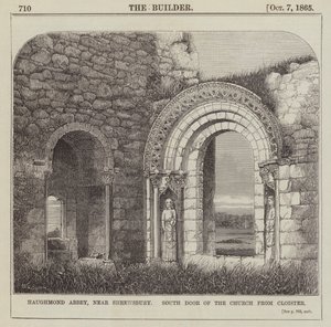 Haughmond Abbey, nær Shrewsbury, South Door of the Church fra Cloister (gravering) af English School