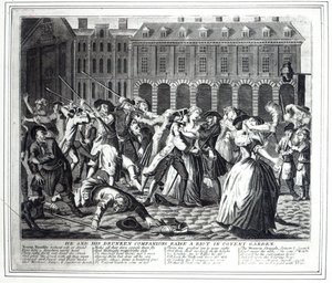 He and His Drunken Companions Raise a Riot in Covent Garden, fra en piratkopieret serie baseret på Hogarths 