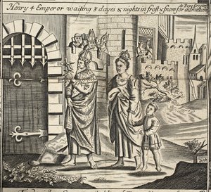Henry 4 Kejser venter 3 dage og nætter i frost og sne på optagelse til pave Gregory, illustration fra Acts and Monuments af John Foxe, niende udgave, pub. 1684 af English School