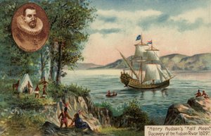 Henry Hudsons skib Half Moon på opdagelse på Hudson-floden, Nordamerika af English School