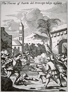 Henry Morgan fanger og plyndrer byen Puerto de Principe, Cuba, i 1668, illustration fra 