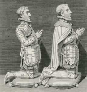 Henry Stuart, Lord Darnley og hans bror Charles Stuart, jarl af Lennox, knælende foran deres mors grav i Westminster Abbey, indgraveret af Andrew Birrell, 1796 af English School
