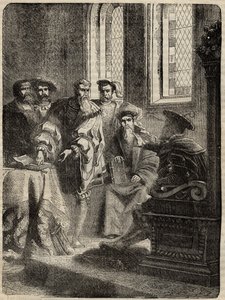 Henrik VIII. og hans råd, der ordinerede oversættelsen af Bibelen til engelsk - 1538 - gravering fra "" History of England"" af Cassell Petter & Galpin af English School