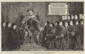 Henry VIII præsenterer et charter til College of Surgeons (gravering) af English School