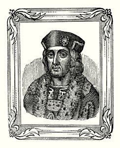 Henrik VII blev født i 1457, kronet i 1485 og døde i 1509 (gravering) af English School