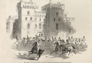 Hendes Majestæt og hendes ædle gæster og suite forlader Windsor Castle for at tage til Ascot Races, fra "The Illustrated London News", 14. juni 1845 af English School
