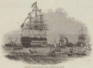 Hendes Majestæt går ombord på "Albion" ved Spithead (gravering) af English School