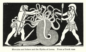 Hercules og Iolaus og Lerna Hydra (litho) af English School