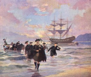 Nybyggere fra højlandet ankommer til Pictou, Nova Scotia, fra "Hector", 1773 (farvelitografi) af English School