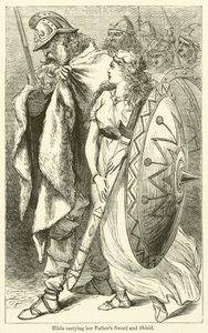 Hilda bærer sin fars sværd og skjold (gravering) af English School